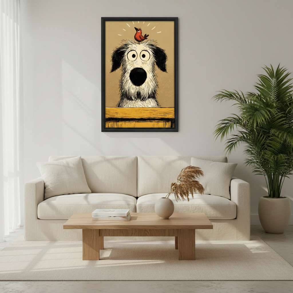 Gallery wrap canvas of cartoon dog with bird on head — funny animal wall decor