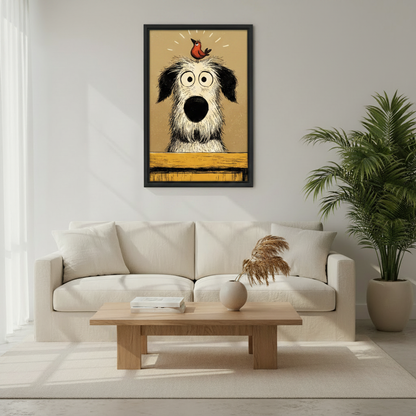 Gallery wrap canvas of cartoon dog with bird on head — funny animal wall decor