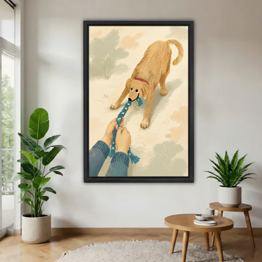 Stubborn golden retriever dog wall art framed canvas print — funny illustration of dog refusing to walk while owner pulls leash from above