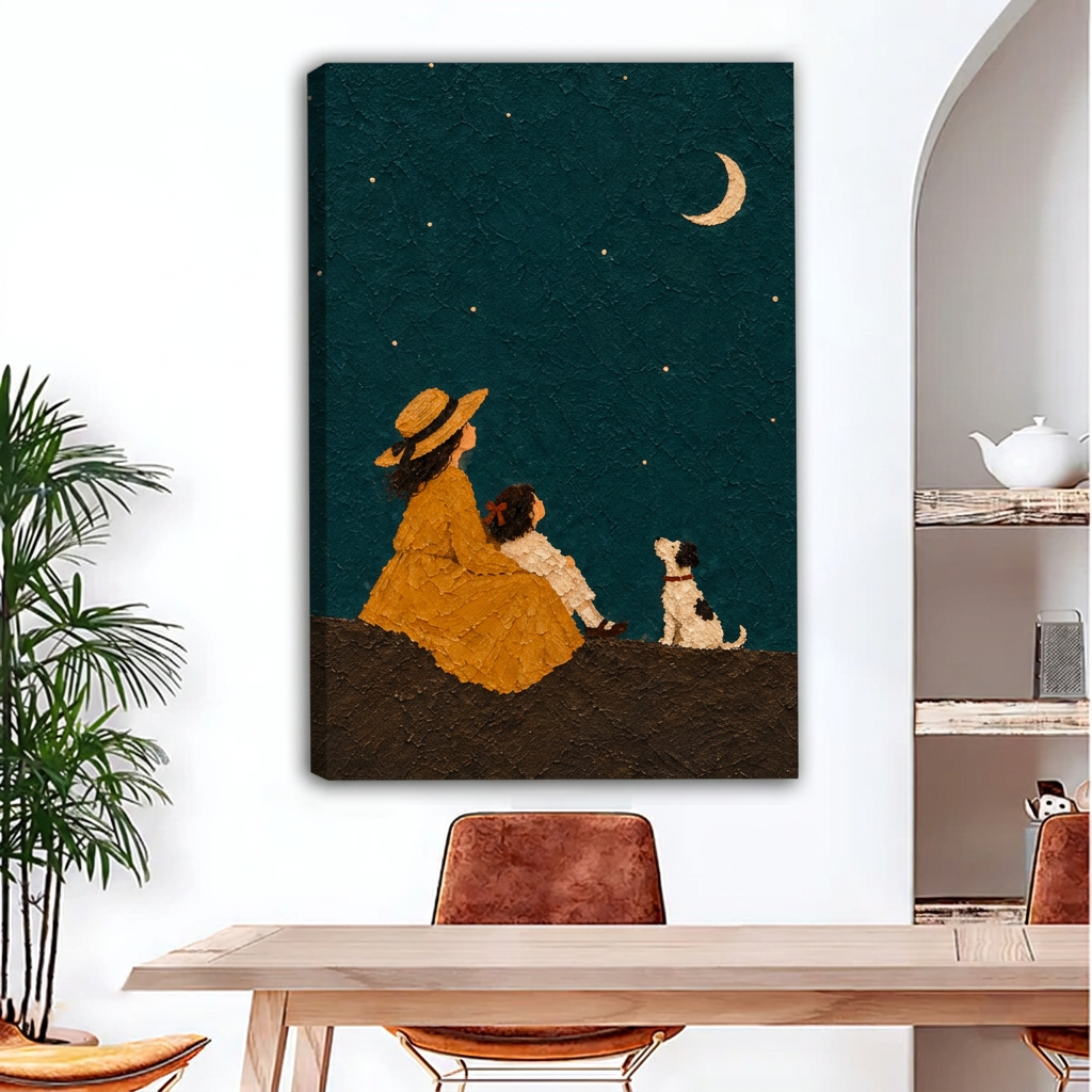 Folk Art Woman Child and Dog Under Moon Canvas Wall Art | Framed & Unframed l4933