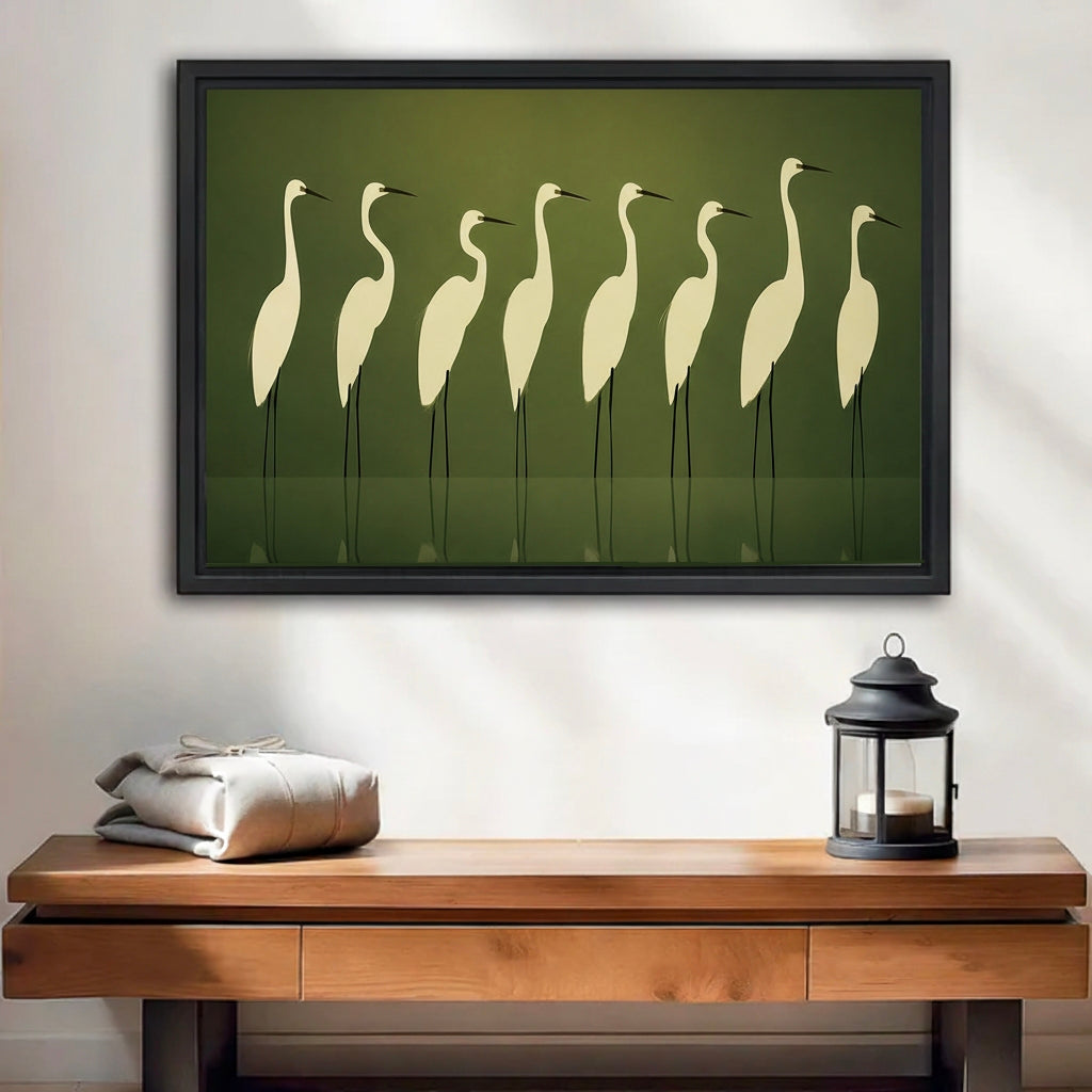 Minimalist white egrets framed canvas wall art with olive green background above entryway console, zen nature home decor