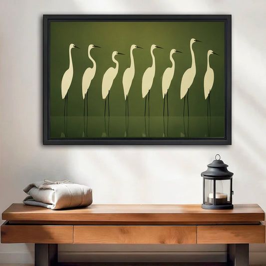 Minimalist white egrets framed canvas wall art with olive green background above entryway console, zen nature home decor