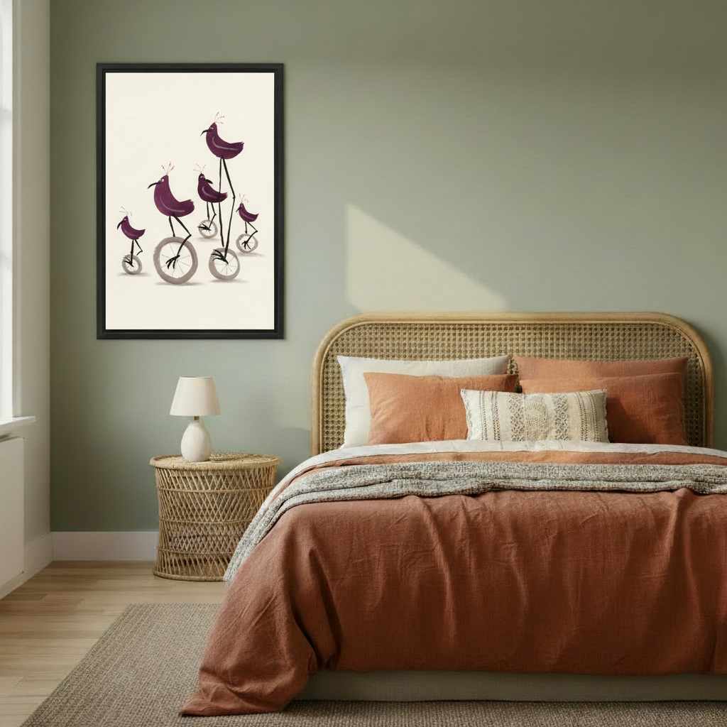 Whimsical purple birds on unicycles framed wall art print in cozy bedroom, quirky bird illustration above bed decor