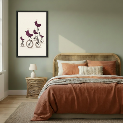 Whimsical purple birds on unicycles framed wall art print in cozy bedroom, quirky bird illustration above bed decor