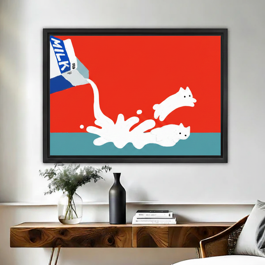 Funny milk cats framed canvas wall art print, bold red home decor
