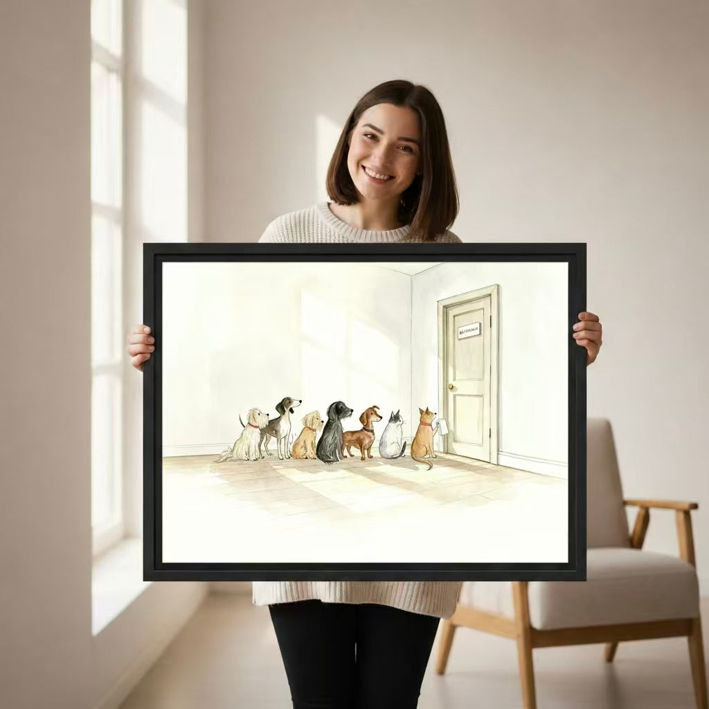 Cute pets bathroom line watercolor canvas print, playful home decor for pet lovers