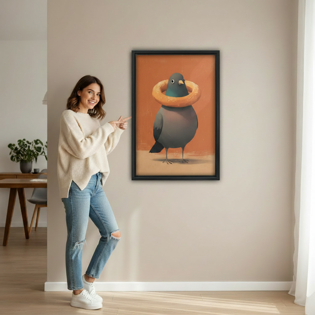Woman pointing at whimsical pigeon bagel framed wall art – vintage oil painting canvas in modern hallway