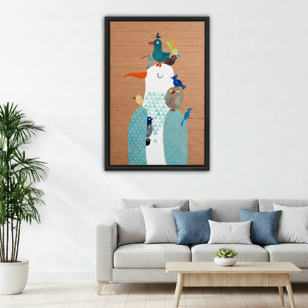 Colorful stacked birds folk art canvas wall art above sofa in living room, whimsical bird tower wood grain home decor