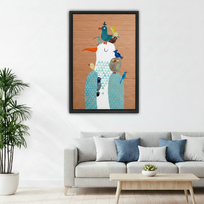 Colorful stacked birds folk art canvas wall art above sofa in living room, whimsical bird tower wood grain home decor