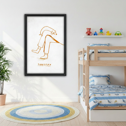 Skneepy dog line art framed canvas wall art in bedroom, elegant golden single-line illustration of dog resting on lap, cozy minimalist dog lover decor