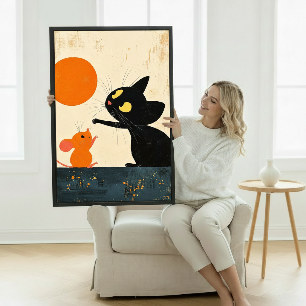 Framed black cat folk art wall print with orange mouse and sun, hanging in modern home decor setting