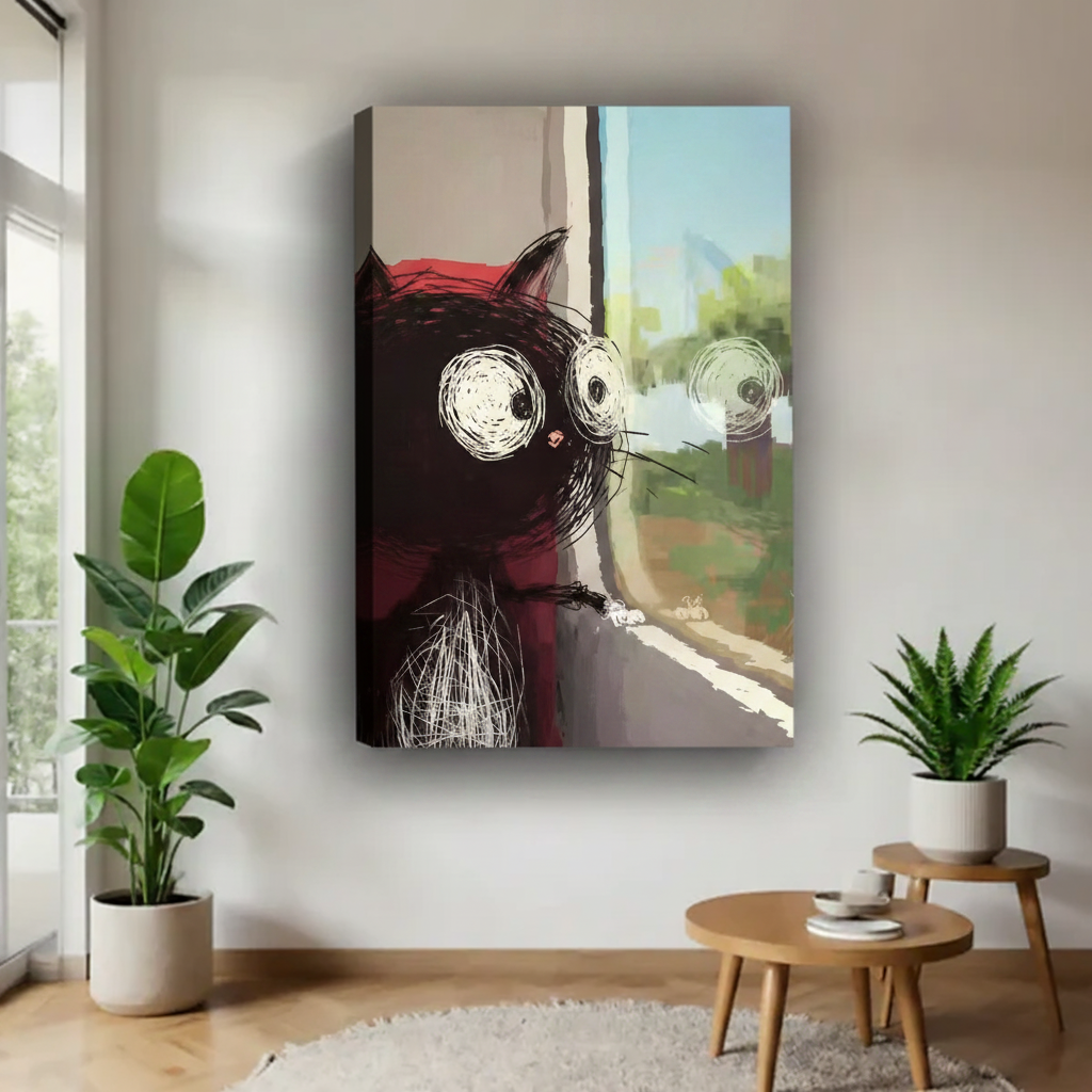 Black cat peeking window canvas print — whimsical sketch-style cat wall art for living room and modern home decor