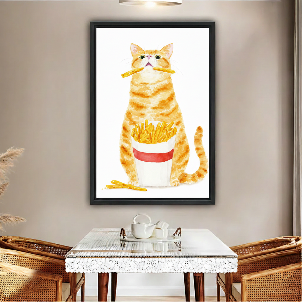 Funny orange cat eating french fries watercolor canvas wall art print