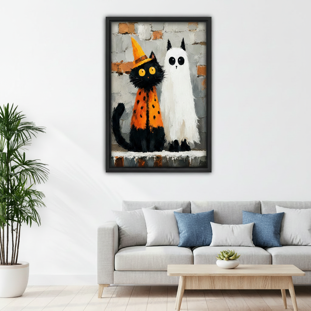 Halloween cat and ghost oil painting framed print, bedroom wall decor, cozy spooky interior