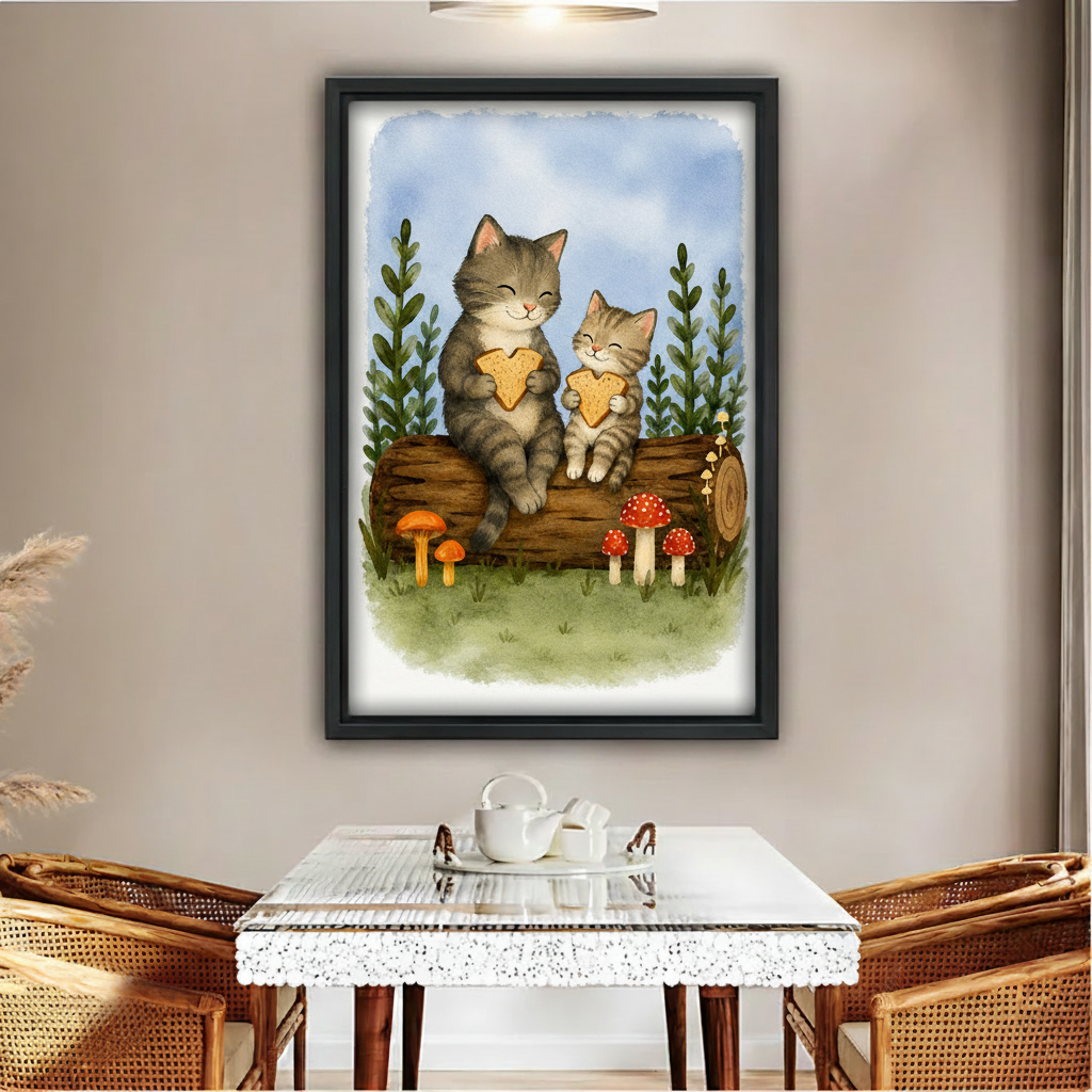 Watercolor cat canvas print displayed in dining room with rattan chairs