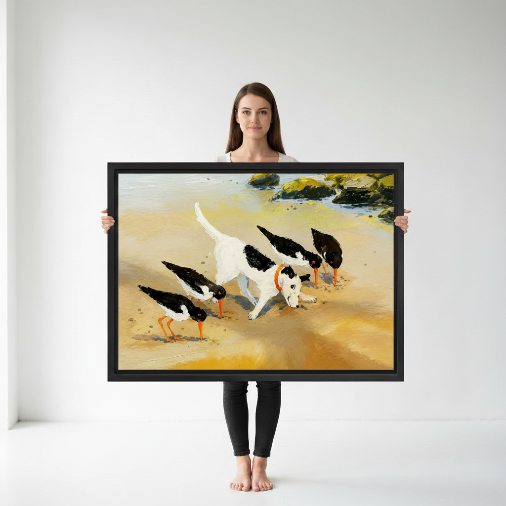 Whimsical dog and seabirds framed wall art in black frame above wooden sideboard