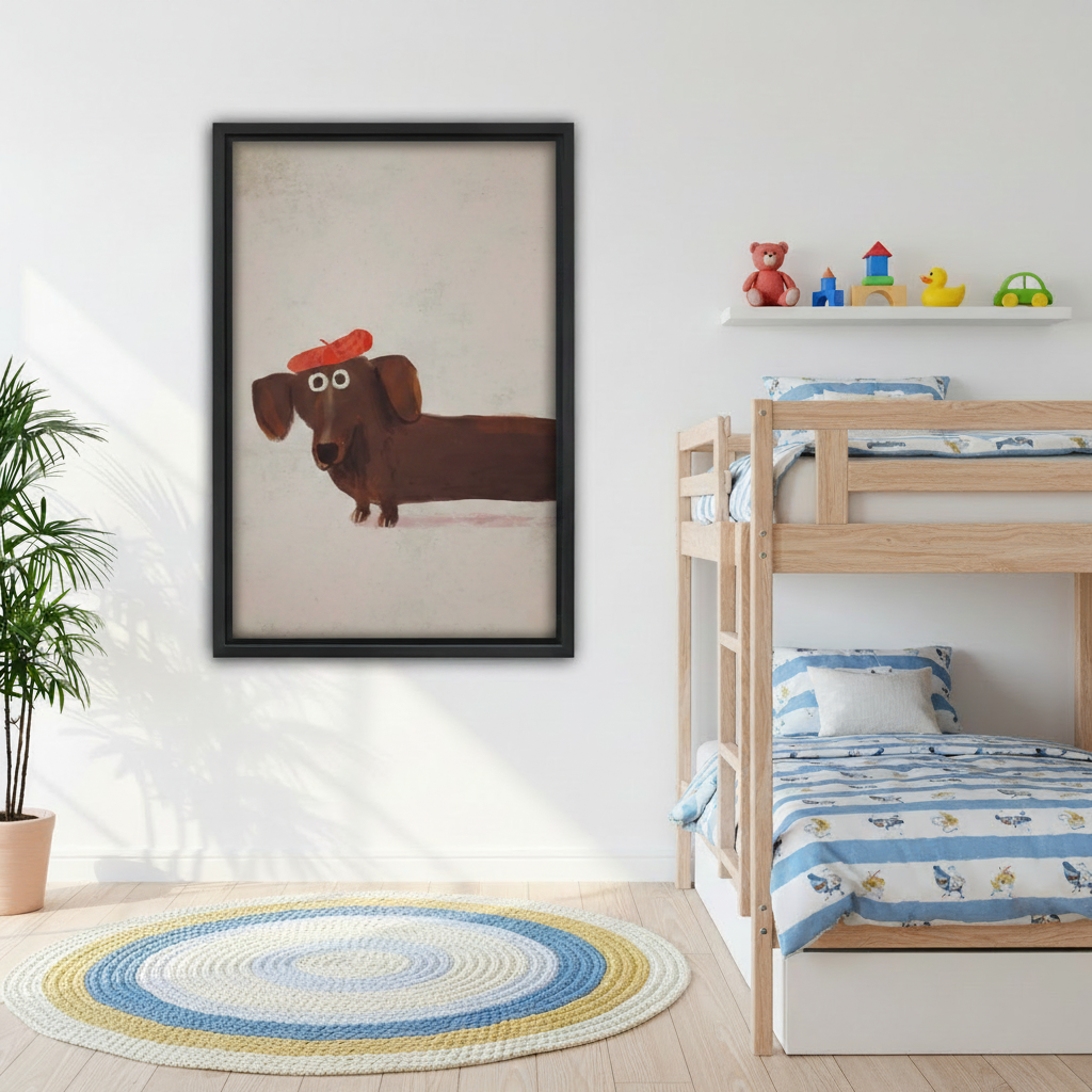 Dachshund red beret oil painting framed canvas wall art in bedroom, quirky brown wiener dog with red hat portrait print, charming dog lover room decor