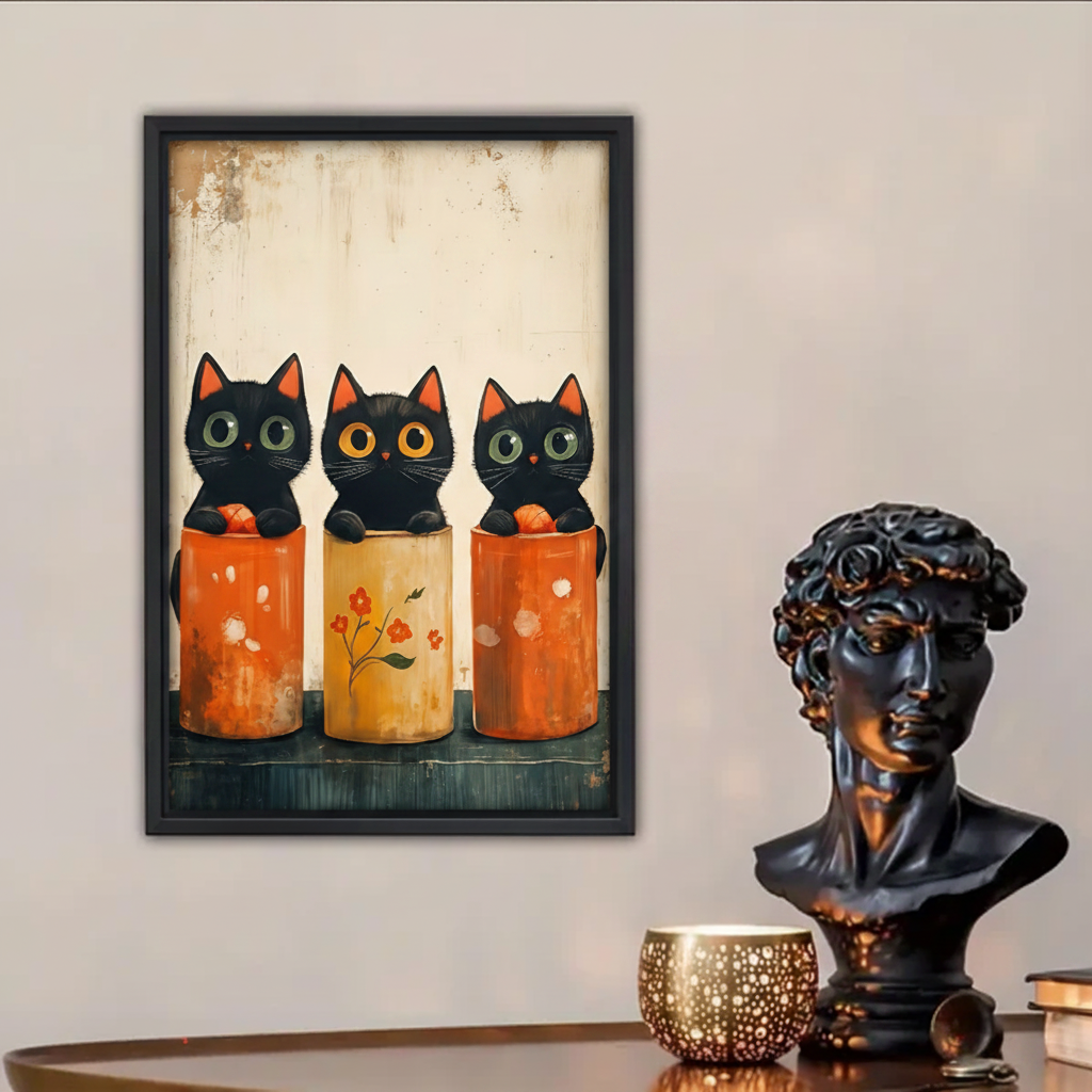 Vintage black cat canvas print hanging above cream sofa — retro folk art wall decor
