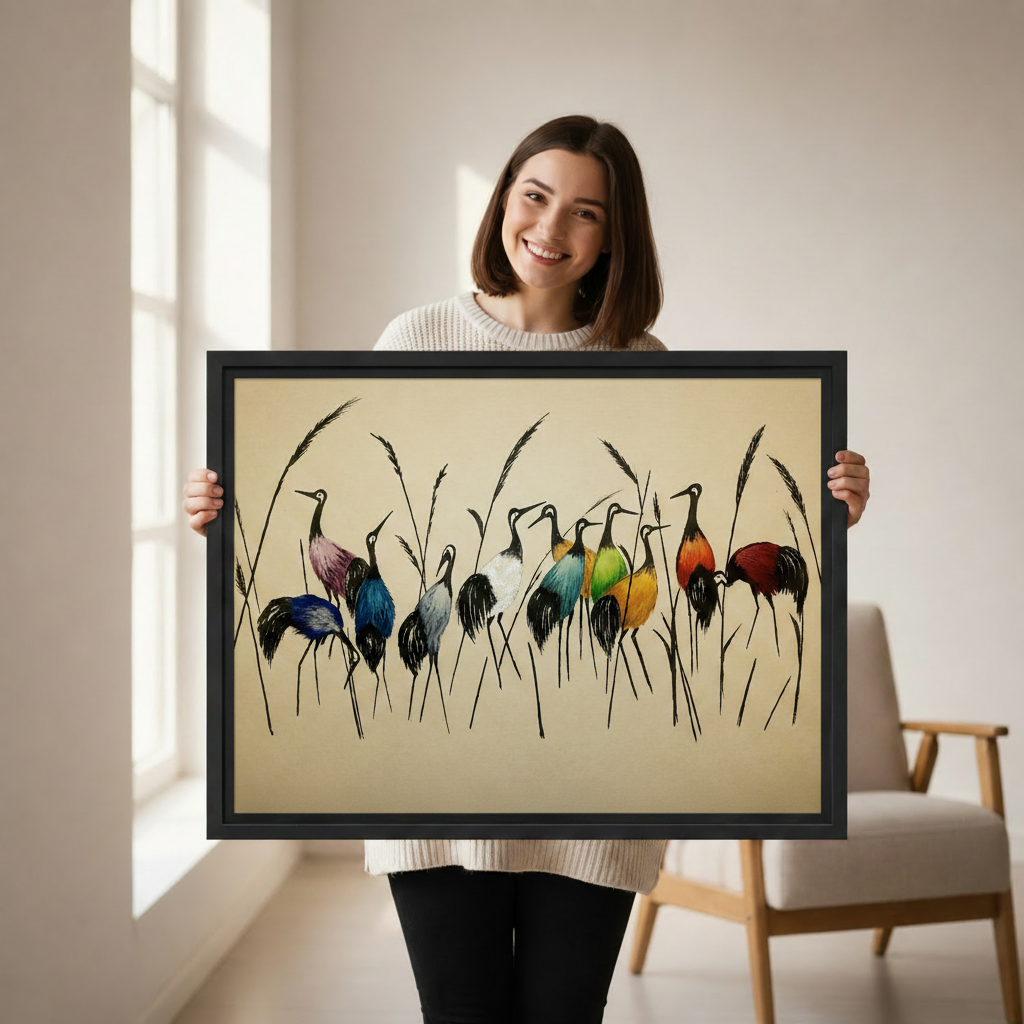 Asian-inspired colorful crane canvas print hanging in living room