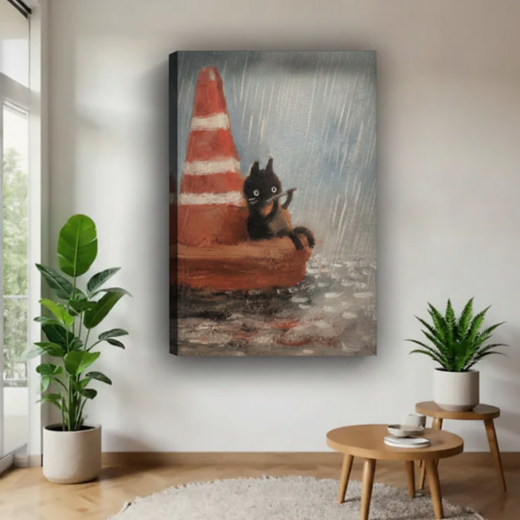 Rainy day black cat canvas wall art print — impasto oil painting style, unframed, cat lover home decor