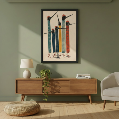 Abstract bird wall art, bold colorful folk illustration with teal blue orange and red birds
