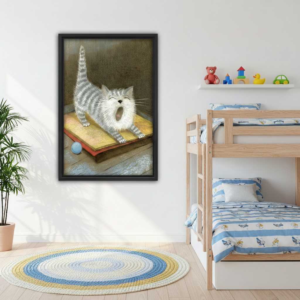 Funny yawning tabby cat vintage canvas wall art above grey sofa, black frame, cute grey striped cat oil painting illustration, modern living room decor