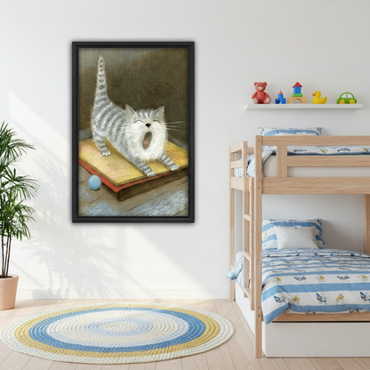 Funny yawning tabby cat vintage canvas wall art above grey sofa, black frame, cute grey striped cat oil painting illustration, modern living room decor
