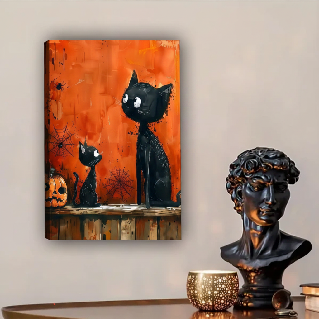 Black cat canvas art print, spooky illustration with two cats, cobwebs and jack-o-lantern, bold orange wall decor