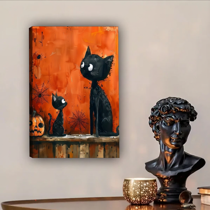 Black cat canvas art print, spooky illustration with two cats, cobwebs and jack-o-lantern, bold orange wall decor