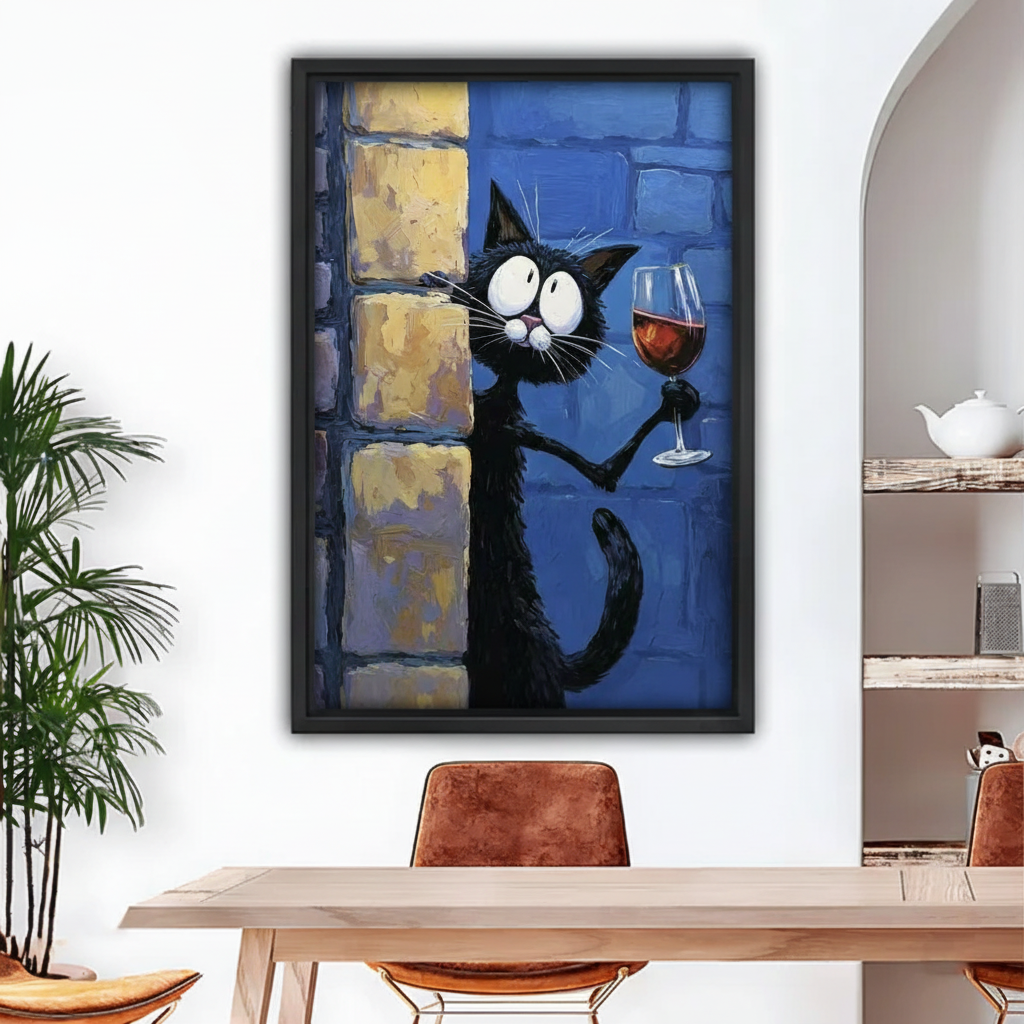 Funny black cat wine canvas wall art in black frame above dining table, humorous oil painting cat print for modern home decor