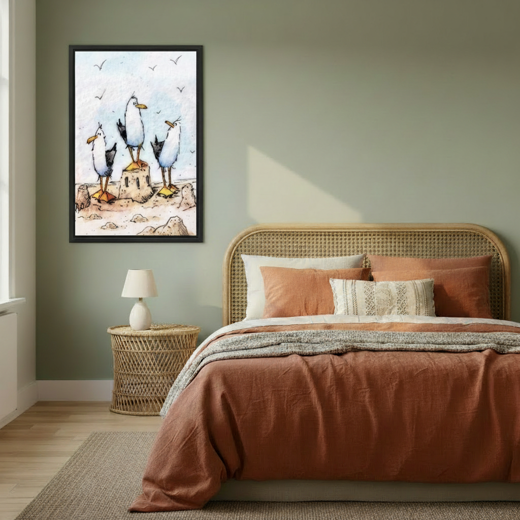 Whimsical seagulls beach watercolor canvas print hanging in bright bedroom, hand-drawn coastal bird wall art above bed