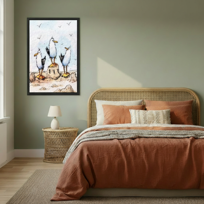 Whimsical seagulls beach watercolor canvas print hanging in bright bedroom, hand-drawn coastal bird wall art above bed