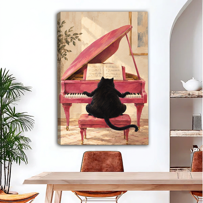Whimsical Black Cat Playing Piano Canvas Wall Art | Framed & Unframed l4931
