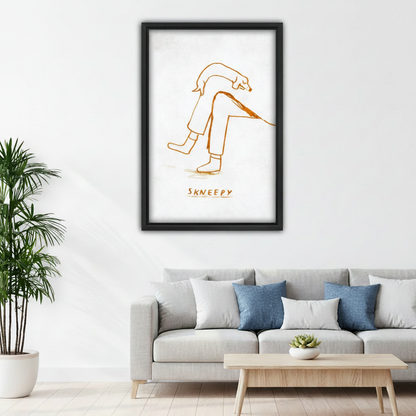Minimalist Skneepy dog line art framed canvas above living room sofa, warm amber single-line sketch of person and dog, modern home decor
