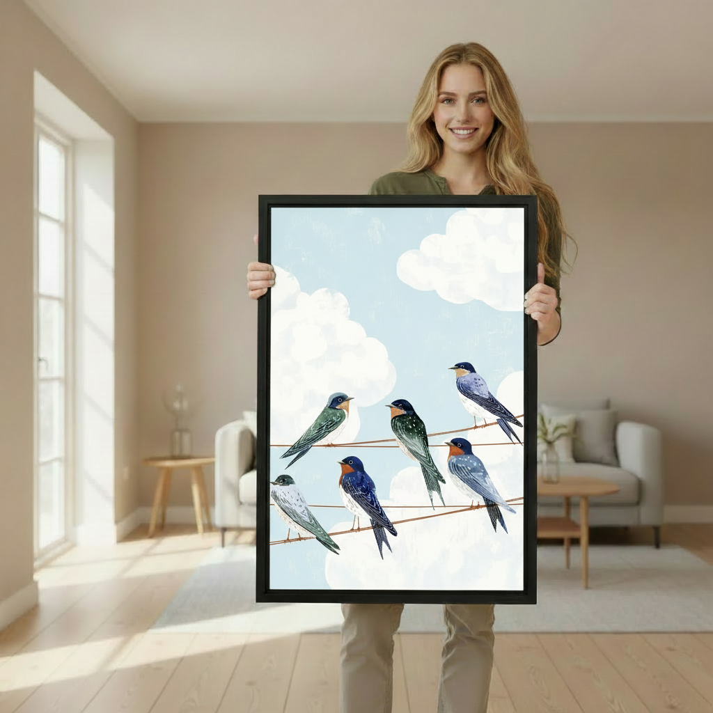 Woman holding swallows on wire framed canvas wall art print in bright Scandinavian living room