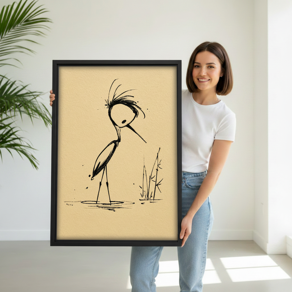Minimalist ink crane zen wall art in black frame held by woman — elegant Japanese brush stroke crane print, perfect gift for japandi home decor lovers