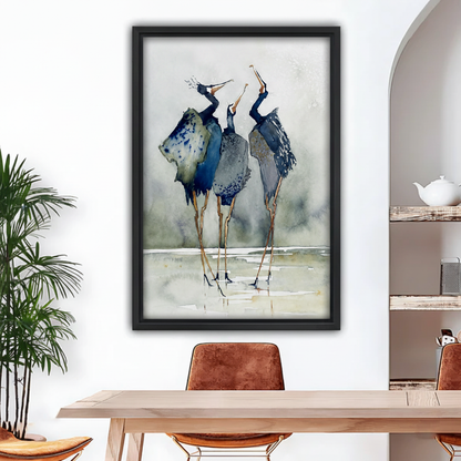 Watercolor heron wall art framed canvas print hanging above dining table in modern coastal home