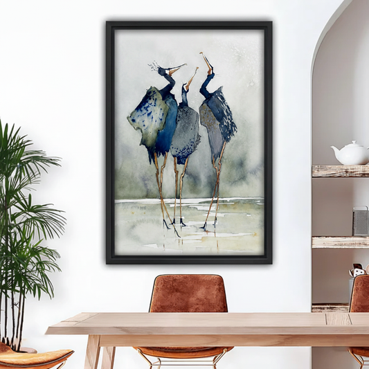 Watercolor heron wall art framed canvas print hanging above dining table in modern coastal home