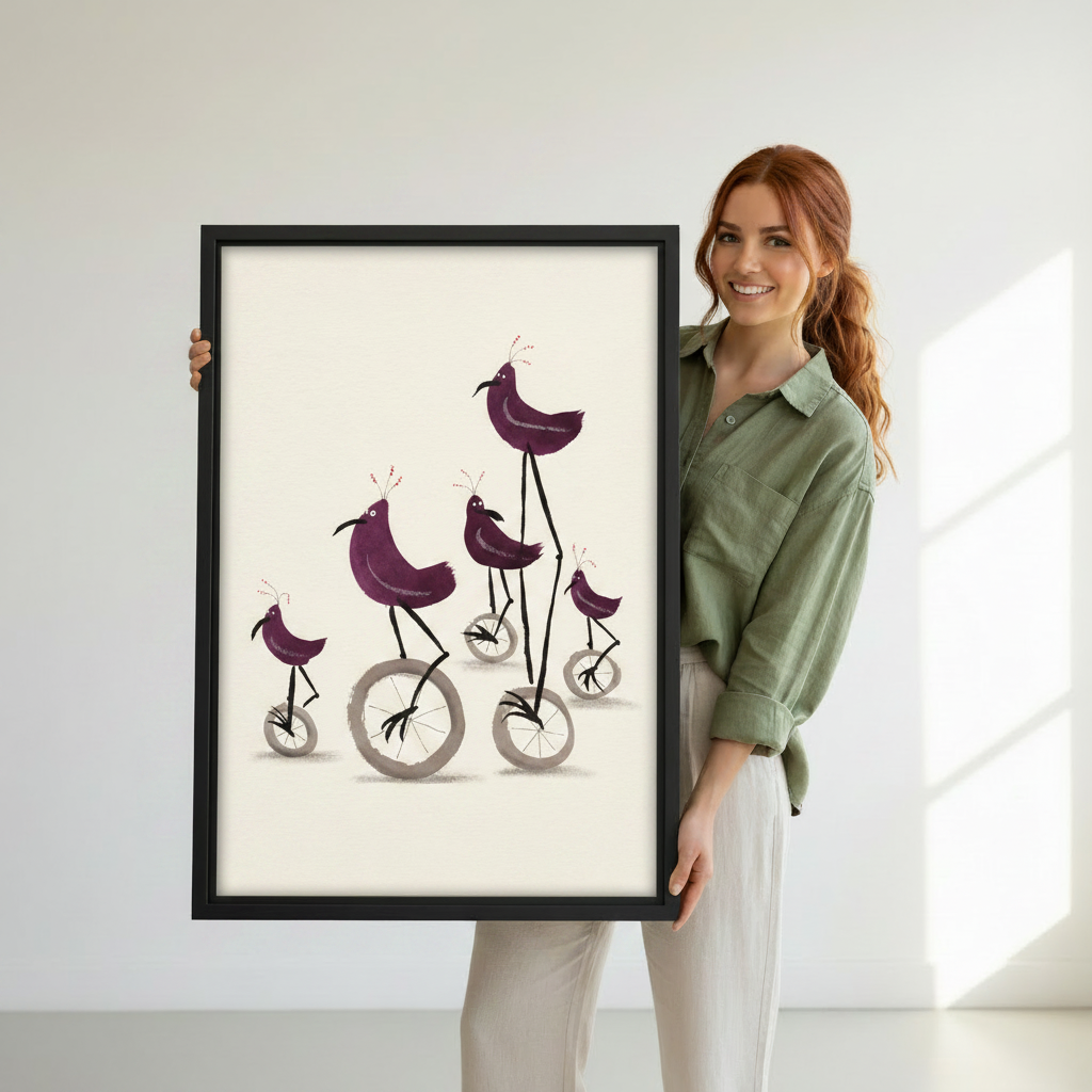 Woman holding whimsical purple birds unicycle canvas wall art print in black frame, playful quirky illustration poster