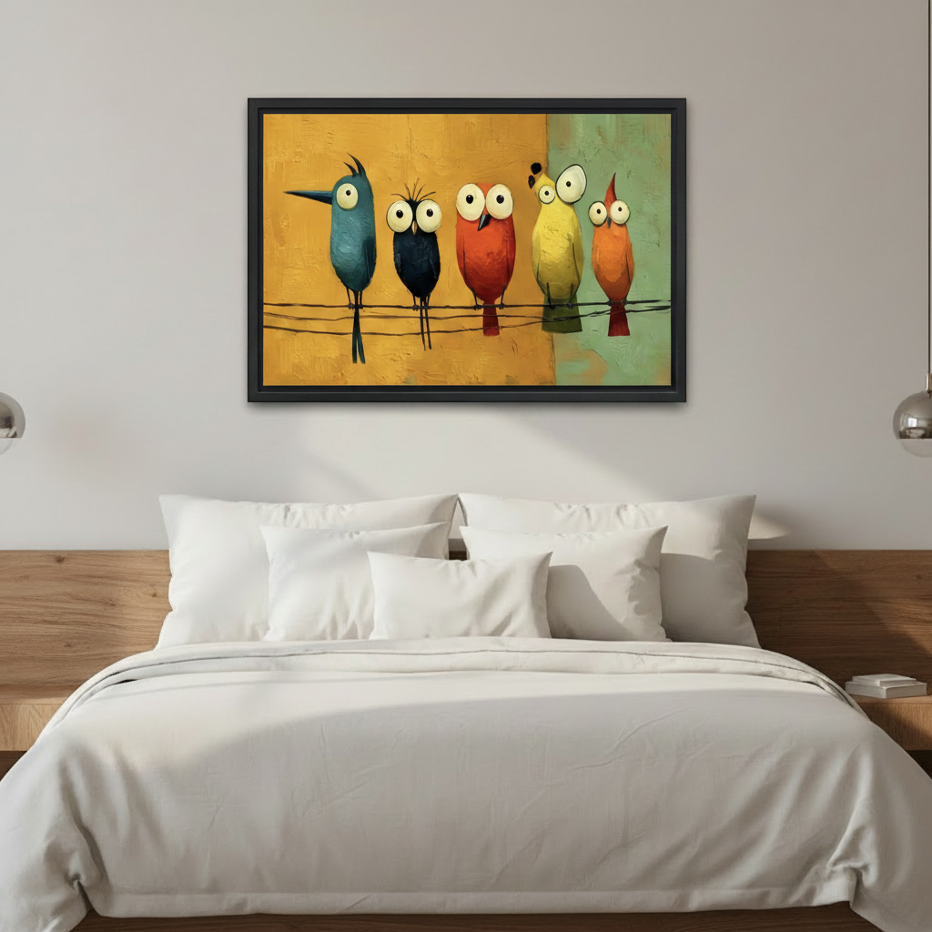 Whimsical cartoon birds canvas wall art hung above bed in cozy bedroom, colorful bird print, playful eclectic room decor