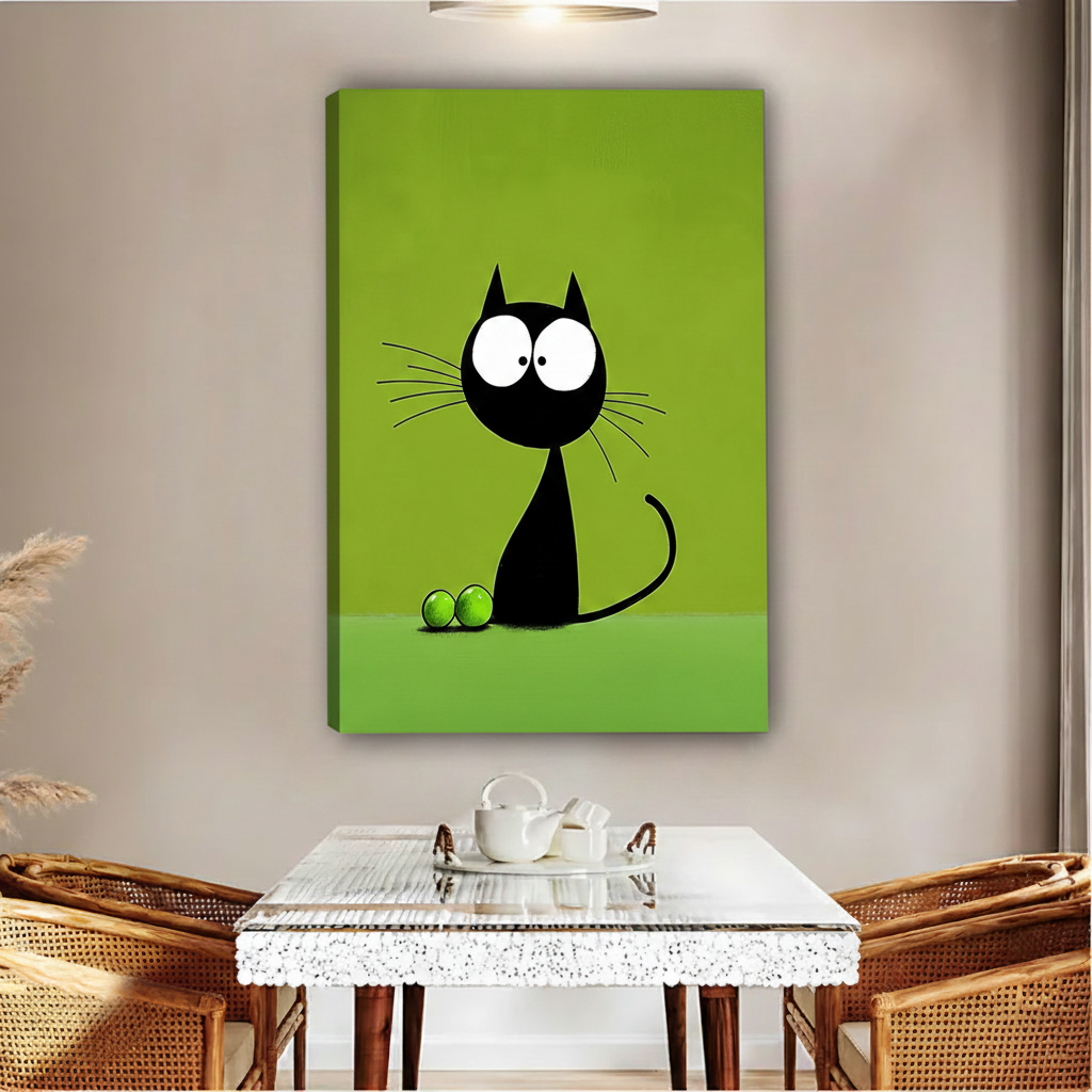 Minimalist black cat on green background framed canvas, modern wall decor