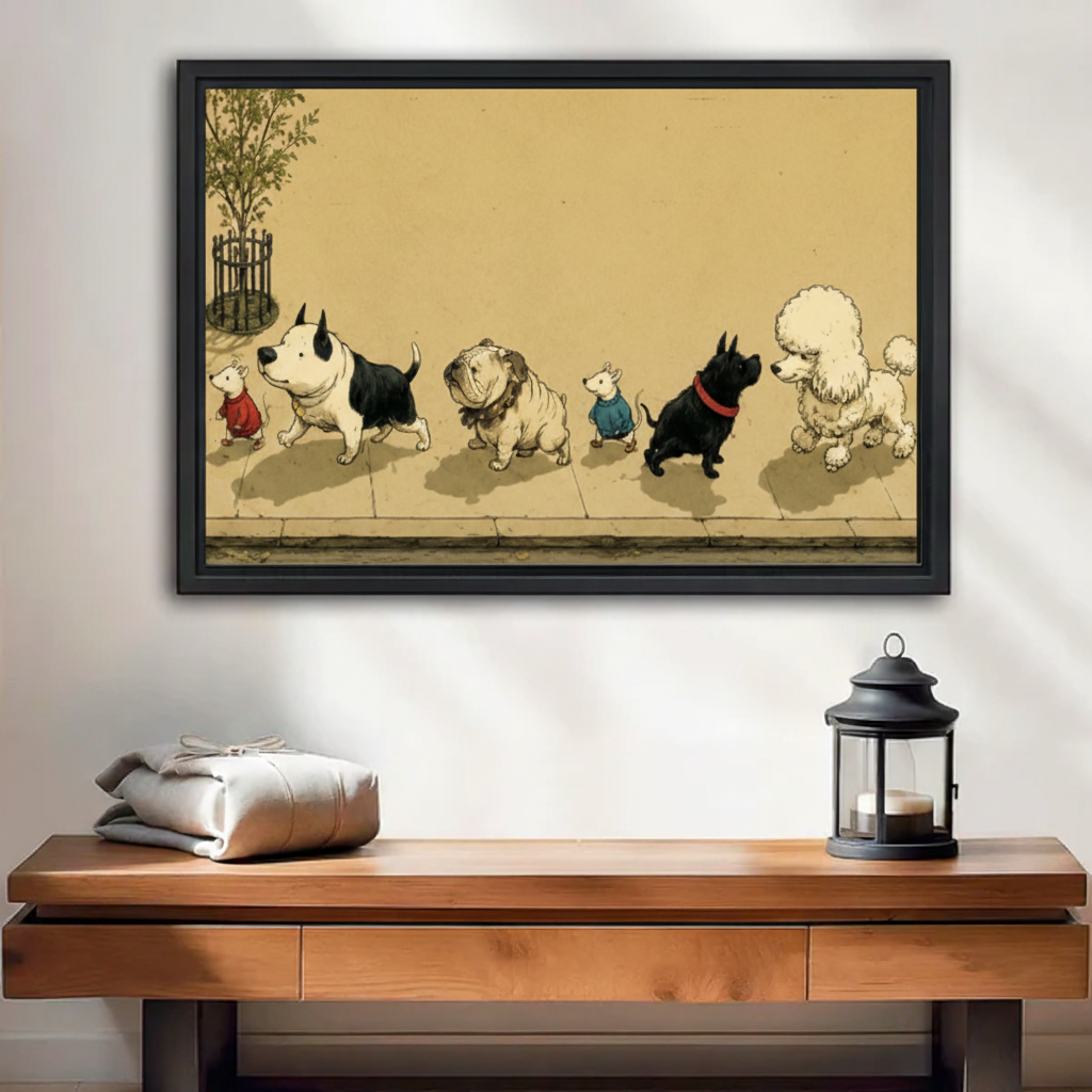 Whimsical dogs mice street parade vintage framed canvas wall art above wooden console table