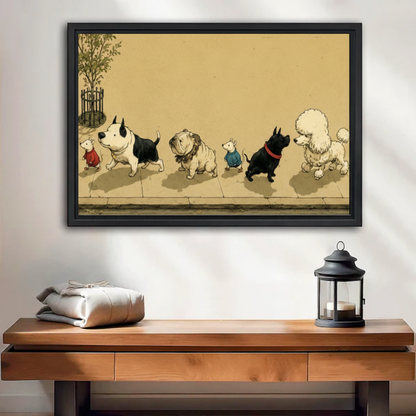 Whimsical dogs mice street parade vintage framed canvas wall art above wooden console table