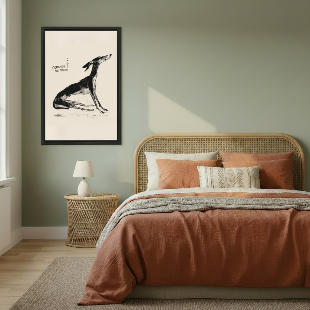 Woman holding greyhound big stretch vintage ink sketch canvas wall art — funny minimal dog illustration framed print, perfect dog lover gift