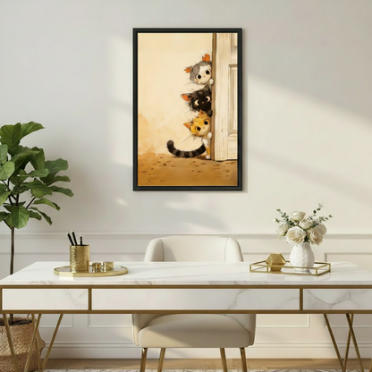 Cute peeking cats canvas wall art in black frame above marble gold desk in elegant home office, whimsical cat decor