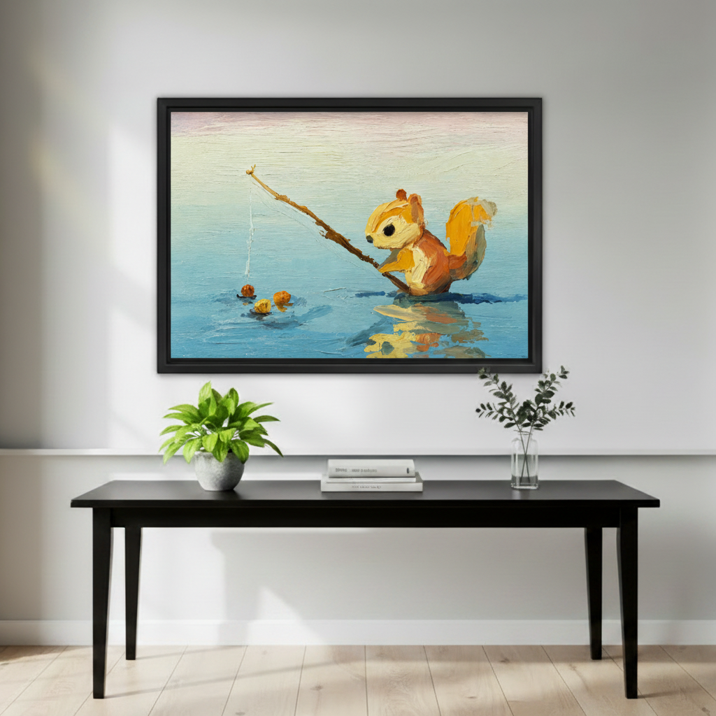 Whimsical squirrel canvas print displayed in bedroom, framed wall art decor