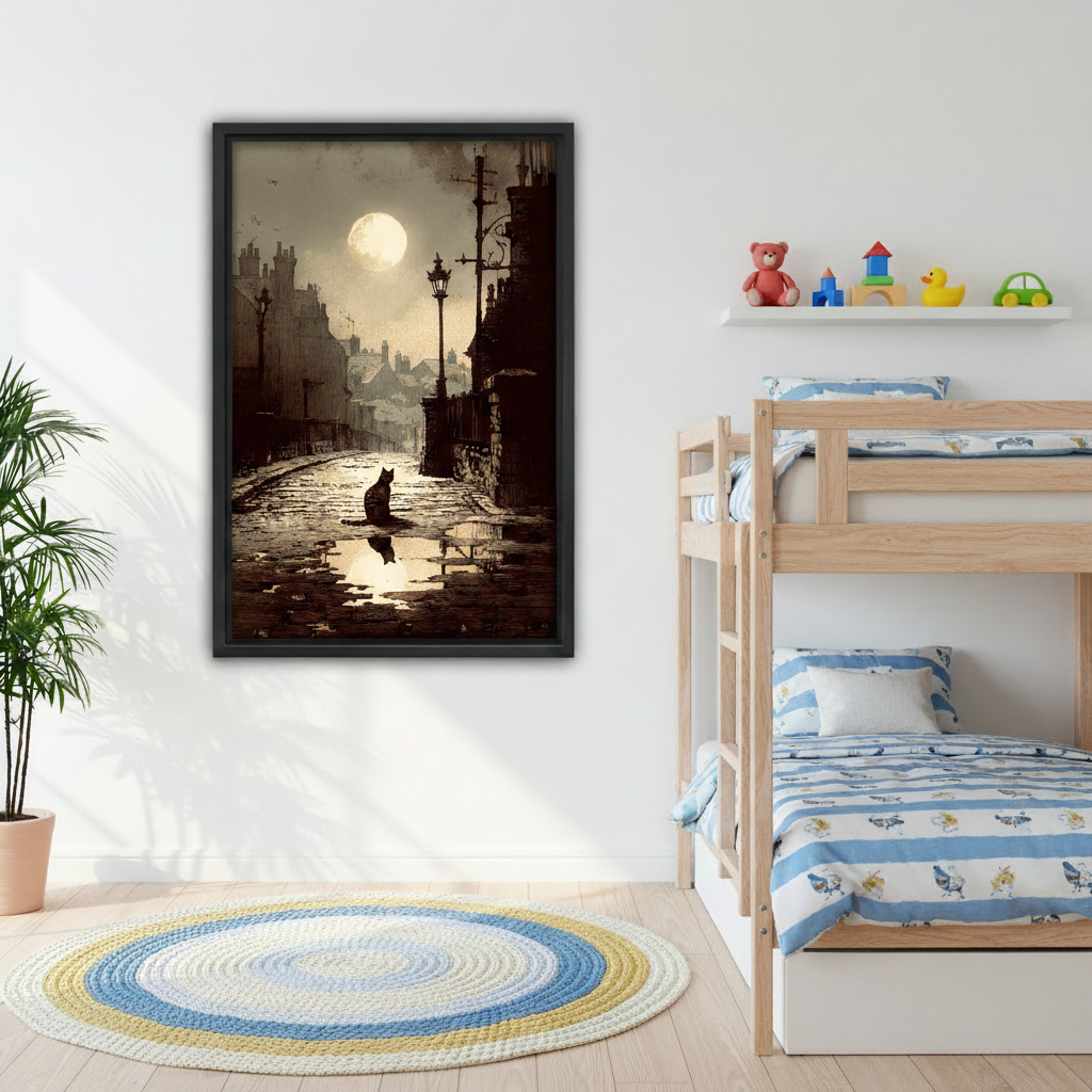 Vintage gothic black cat canvas wall art displayed above sofa in moody dark living room