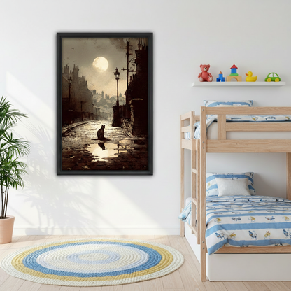 Vintage gothic black cat canvas wall art displayed above sofa in moody dark living room