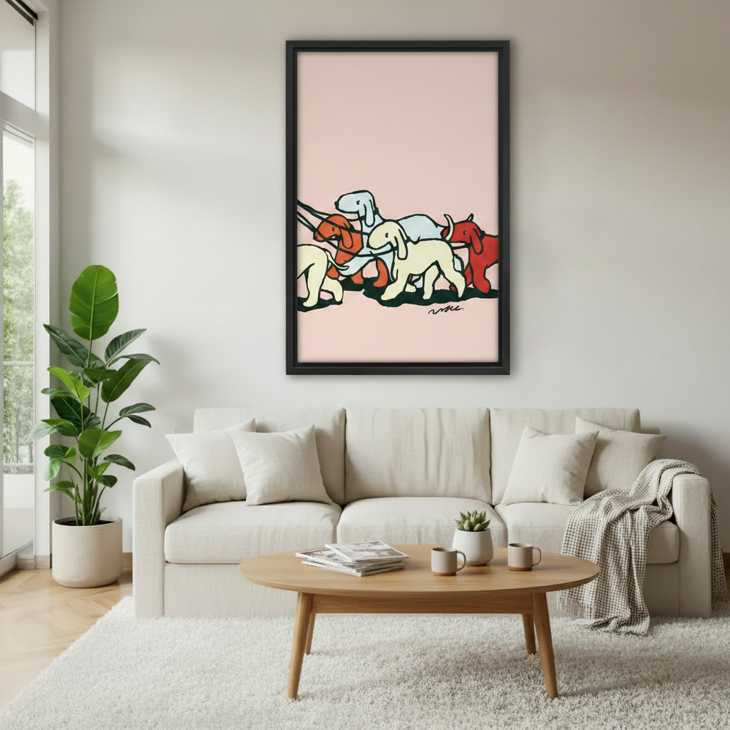 Bold colorful dogs on leash art print in black frame – minimalist illustration, playful living room wall decor