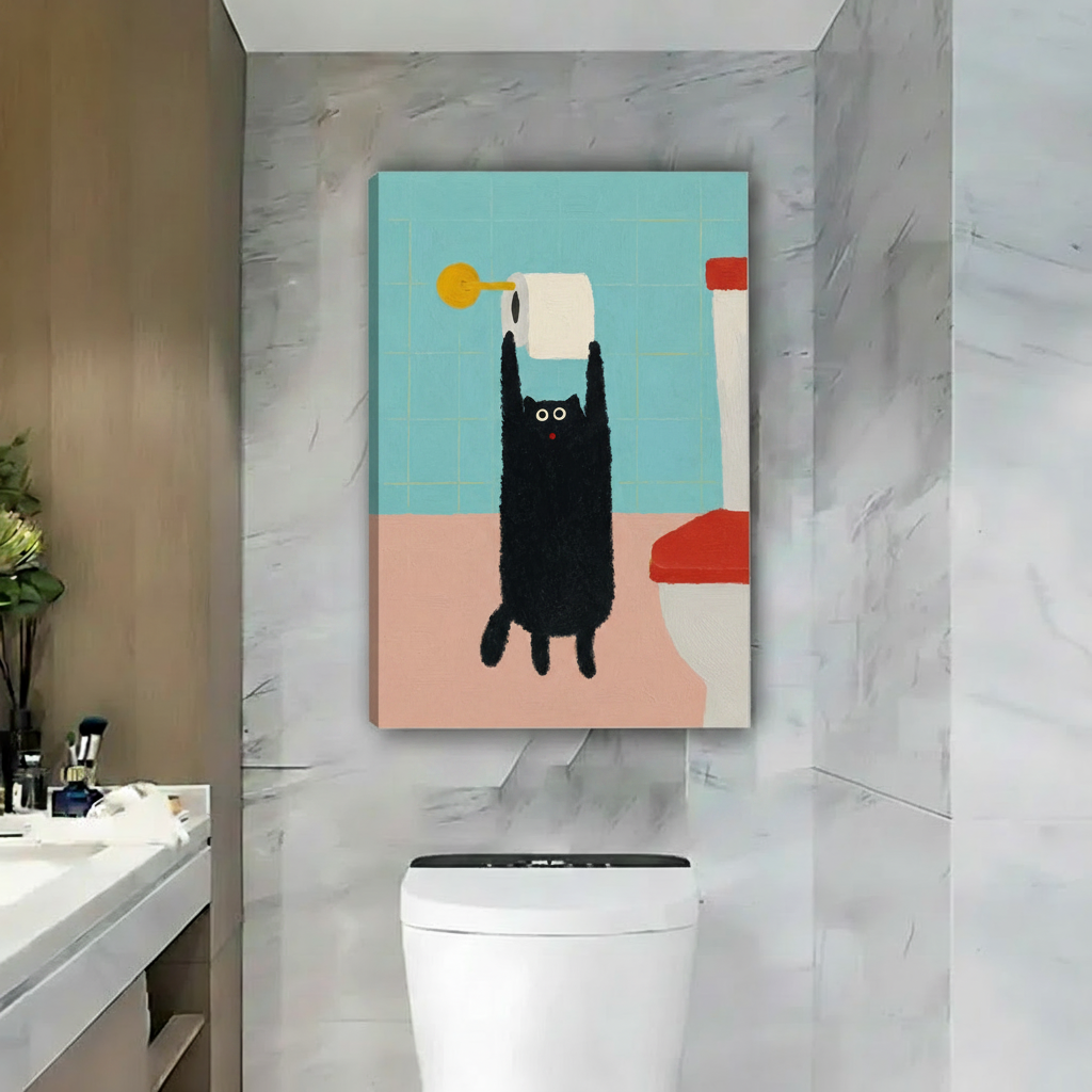 Black cat holding toilet paper canvas art print — funny bathroom wall decor for cat lovers